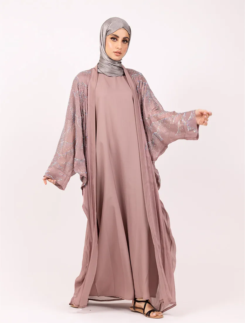Pink Crystal Embellished Sheer Overlay Abaya